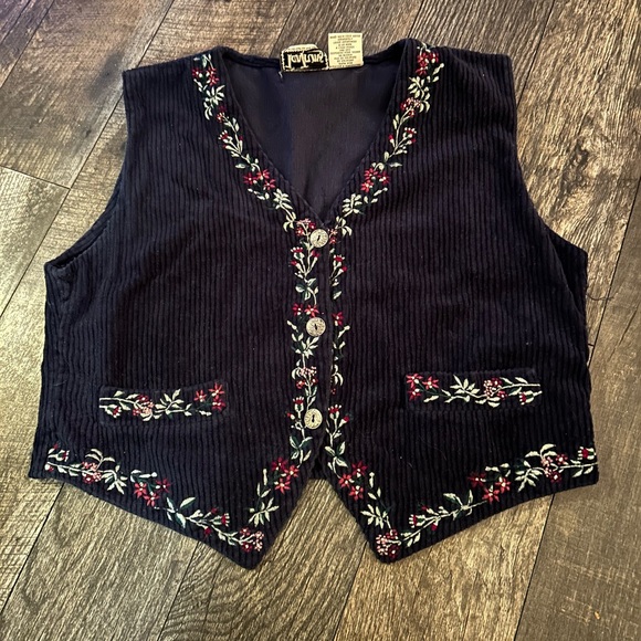 Tantrums Jackets & Blazers - Vintage ladies Tantrums size medium Navy Embroidered Floral Cotton corduroy Vest